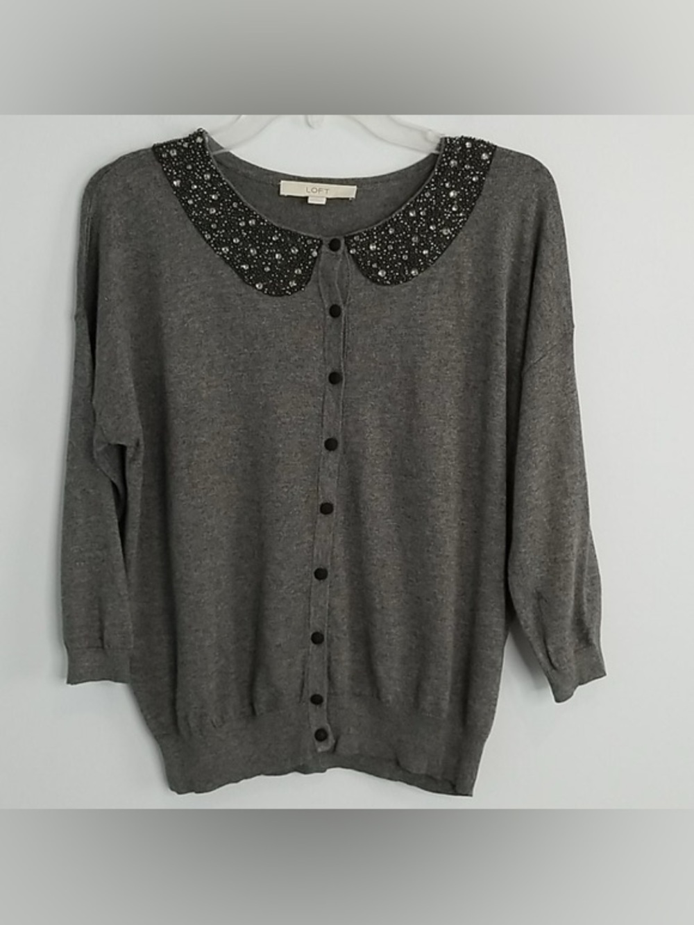 Loft Gray Button-Up Sweater Sequined Bead Neckline  Size S